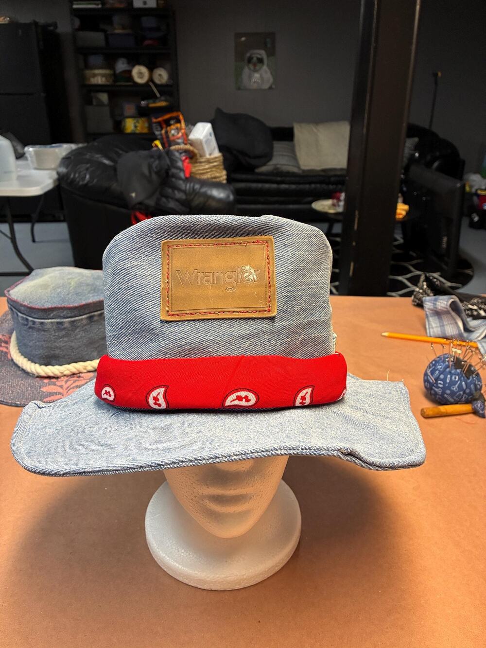 The Rodeo — Upcycled Denim Western Hat, Red Bandana Band, Size Medium 22.5"
